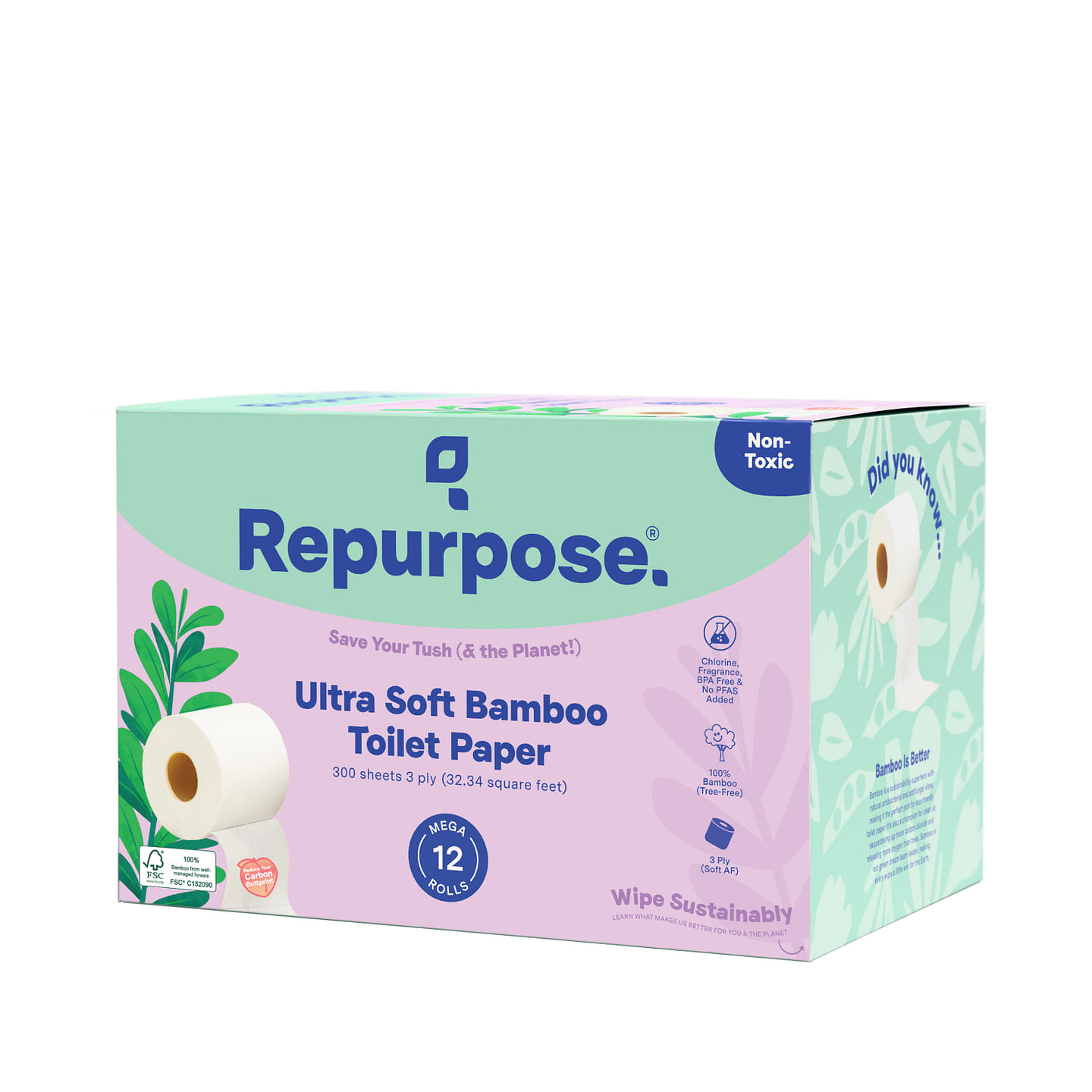 Papel Higiênico de Bambu Repurpose 3 Camadas 300 Folhas, 12pk 1 box