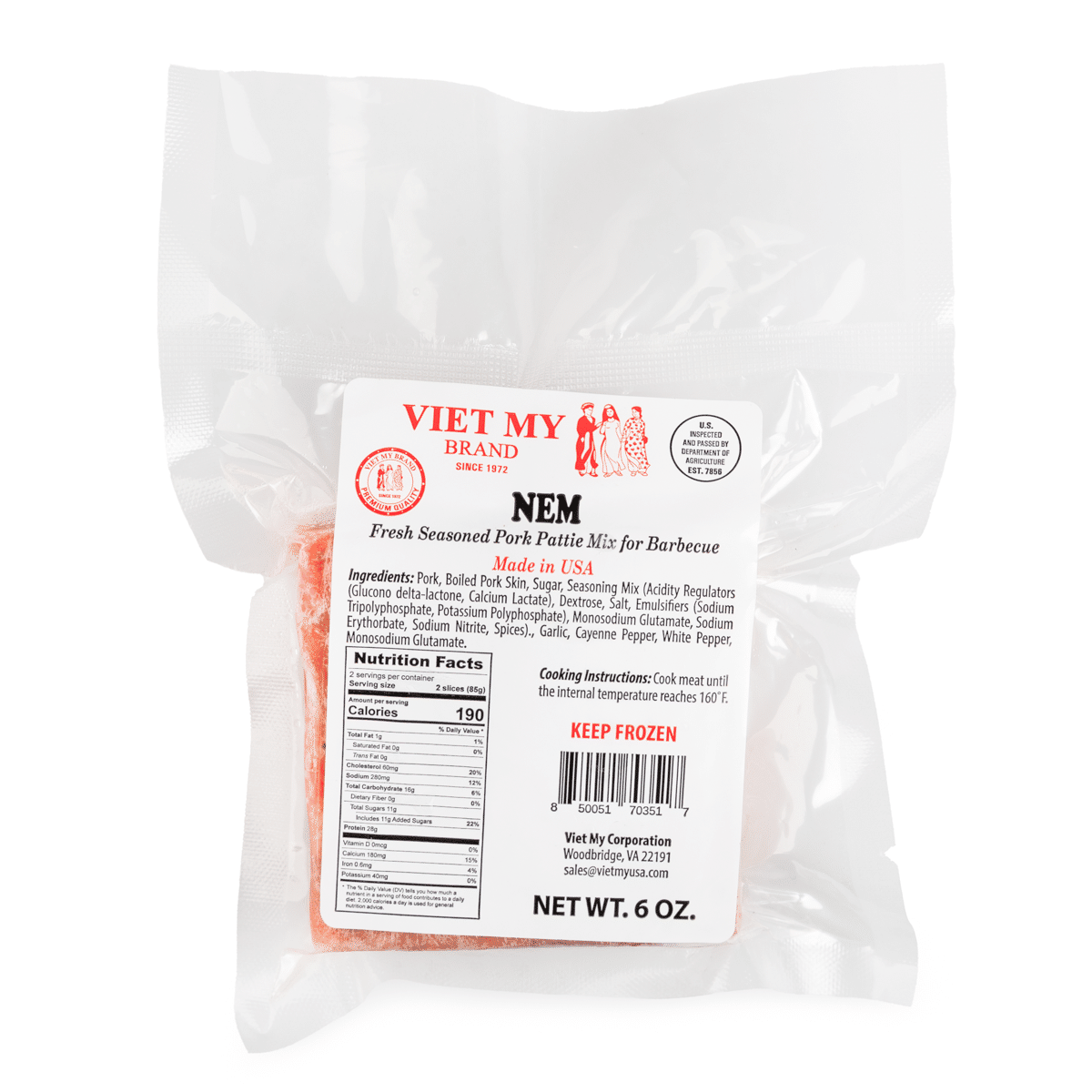 Viet My Cured Pork (Nem Chua), Frozen 6 oz