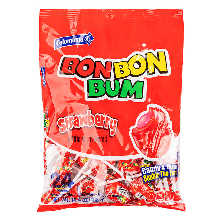 Colombina Bon Bon Bum Chupetas Rellenas de Chicle Sabor a Fresa 408 gramo(s