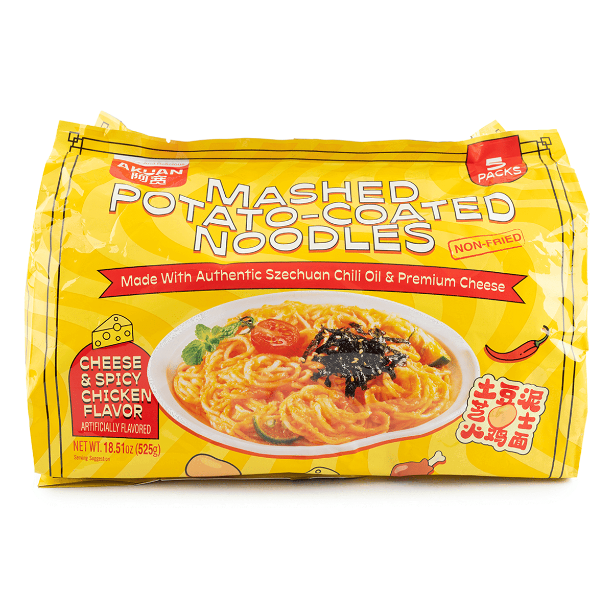 AKuan บะหมี่เคลือบมันฝรั่งบด รสชีสและไก่เผ็ด รสชาติสังเคราะห์ 105 g