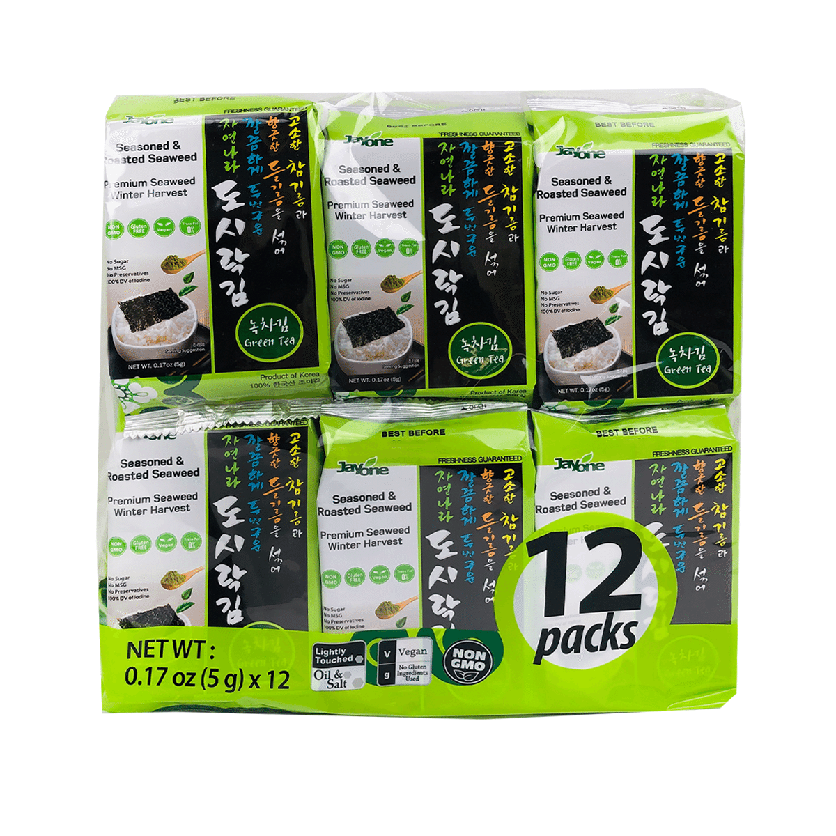 Jayone Roasted Seaweed Snack Green Tea Flavor 12pks 60 g