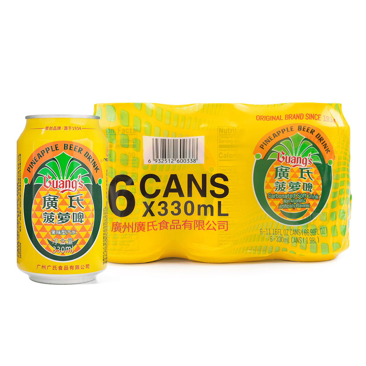 Guang's Pineapple Beer Flavored Soda, Non-Alcoholic 330 ml*6 cans