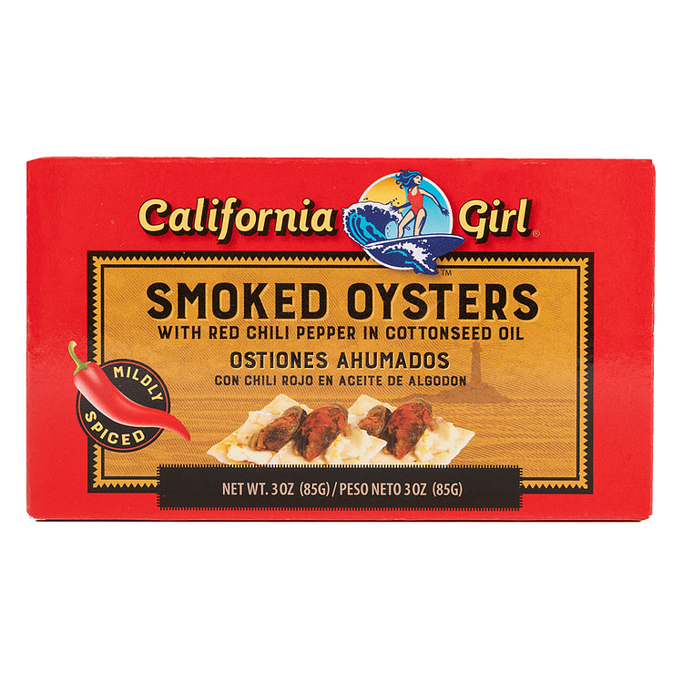 California Girl Smoked Oysters with Red Chili Pepper in Cottonseed oil 3 oz