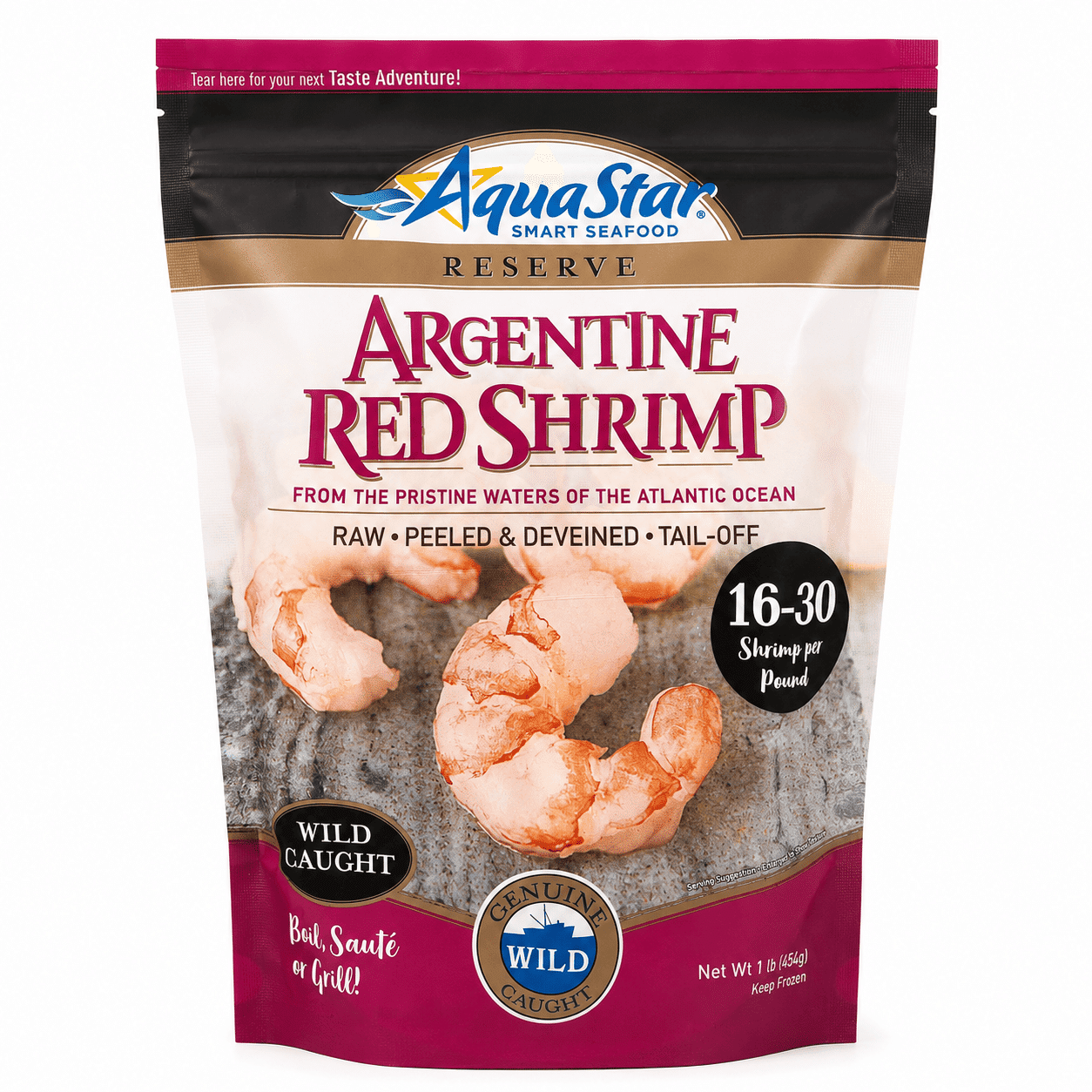 Camarão Vermelho Argentino Selvagem, Descascado e Desveinado 16-30un, Congelado 1 lb