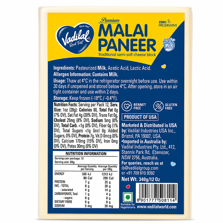 Vadilal Malai Paneer, Frozen 340 gramo(s)
