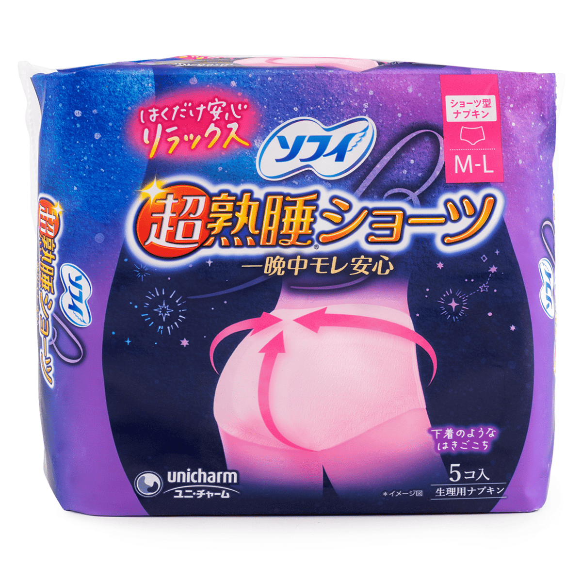 日本Unicharm苏菲SOFY 超熟睡安心裤夜安裤 M~L码 5片 1 份