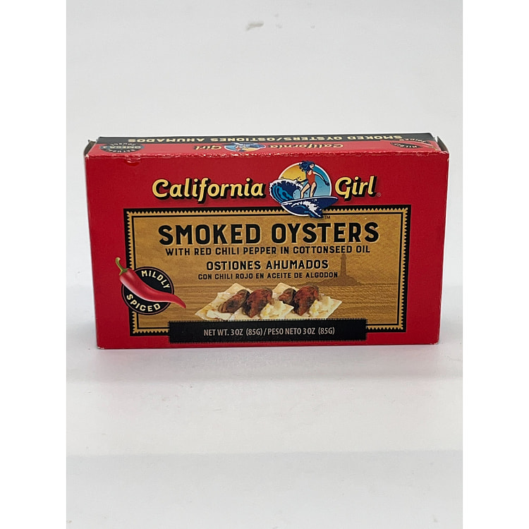 California Girl Smoked Oysters with Red Chili Pepper in Cottonseed oil 3 oz