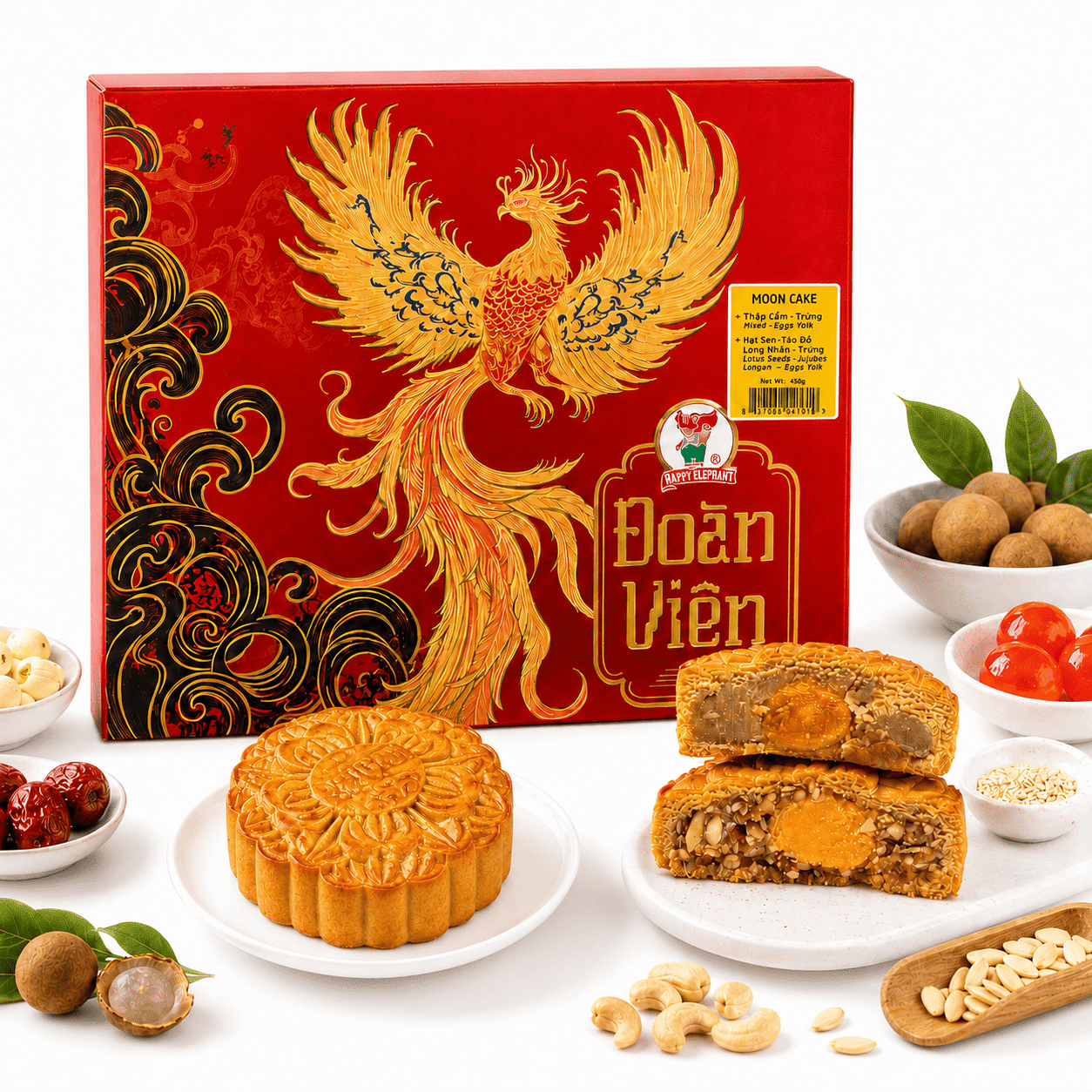 Happy Elephant Premium Moon Cake Lotus Seed Jujubes Logan (Yolk) 2pcs & Mixed (Yolk) 2pcs 480 g