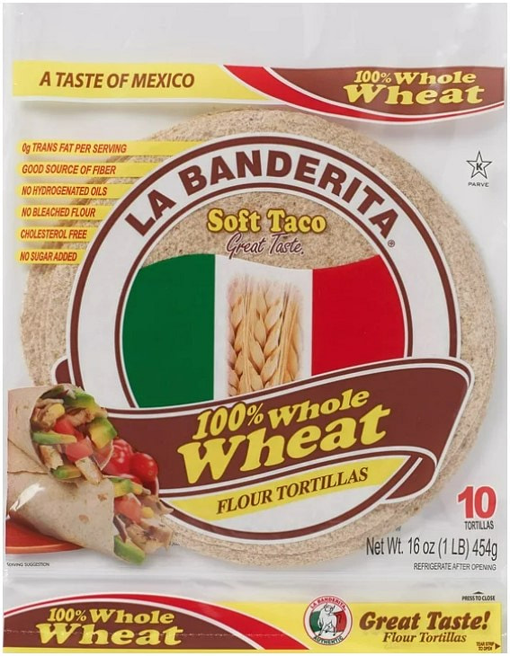 La Banderita 100% Whole Wheat Soft Taco Flour  Tortilla 10 unidad(es)