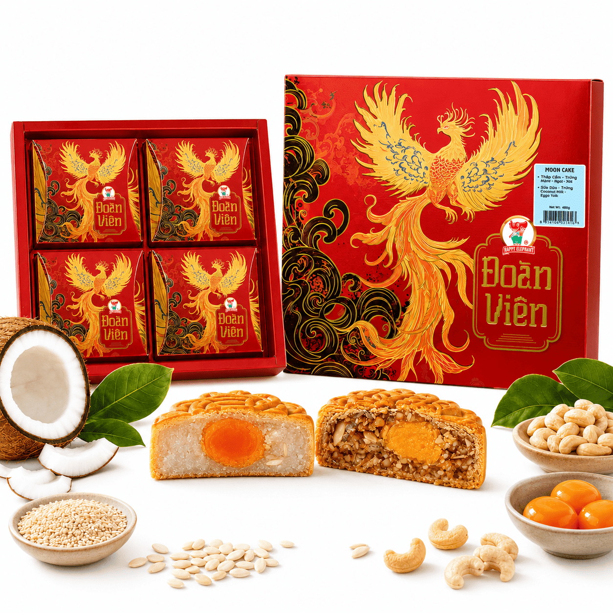 Happy Elephant Premium Moon Cake Coconut Milk (Yolk) 2pcs & Mixed (Yolk) 2pcs 480 g