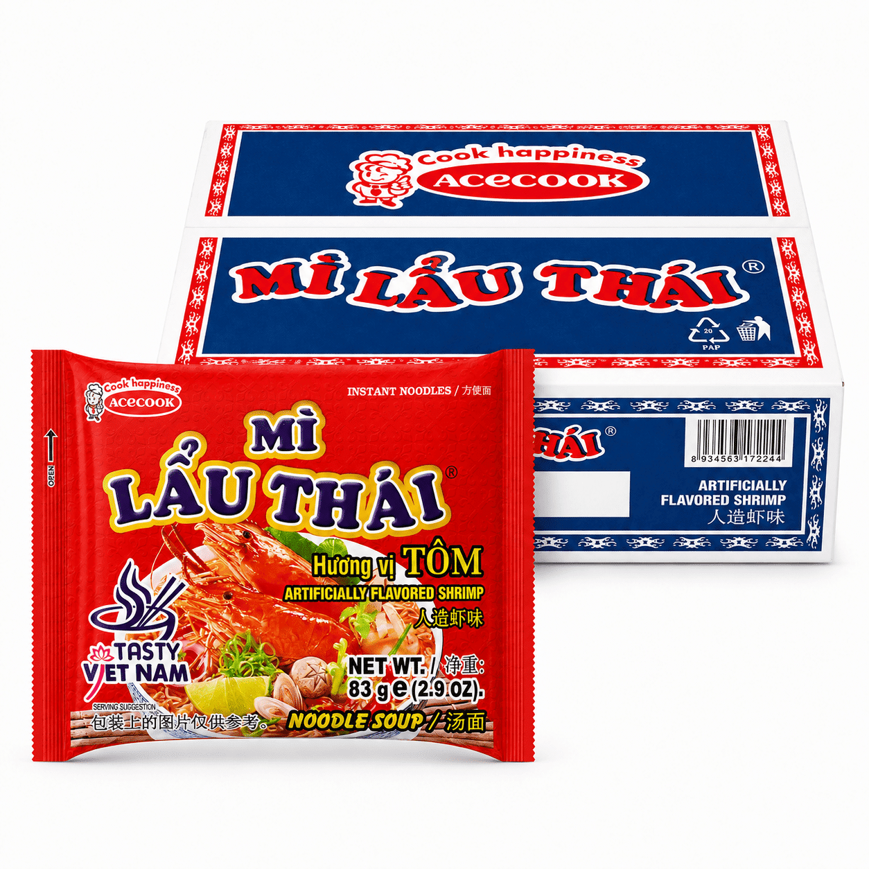 Acecook Hot Sour Shrimp Flavor Noodle (Mi Tom Chua Cay) 24 packs 1 case
