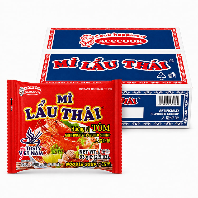 Acecook Hot Sour Shrimp Flavor Noodle (Mi Tom Chua Cay) 24 packs 1 case
