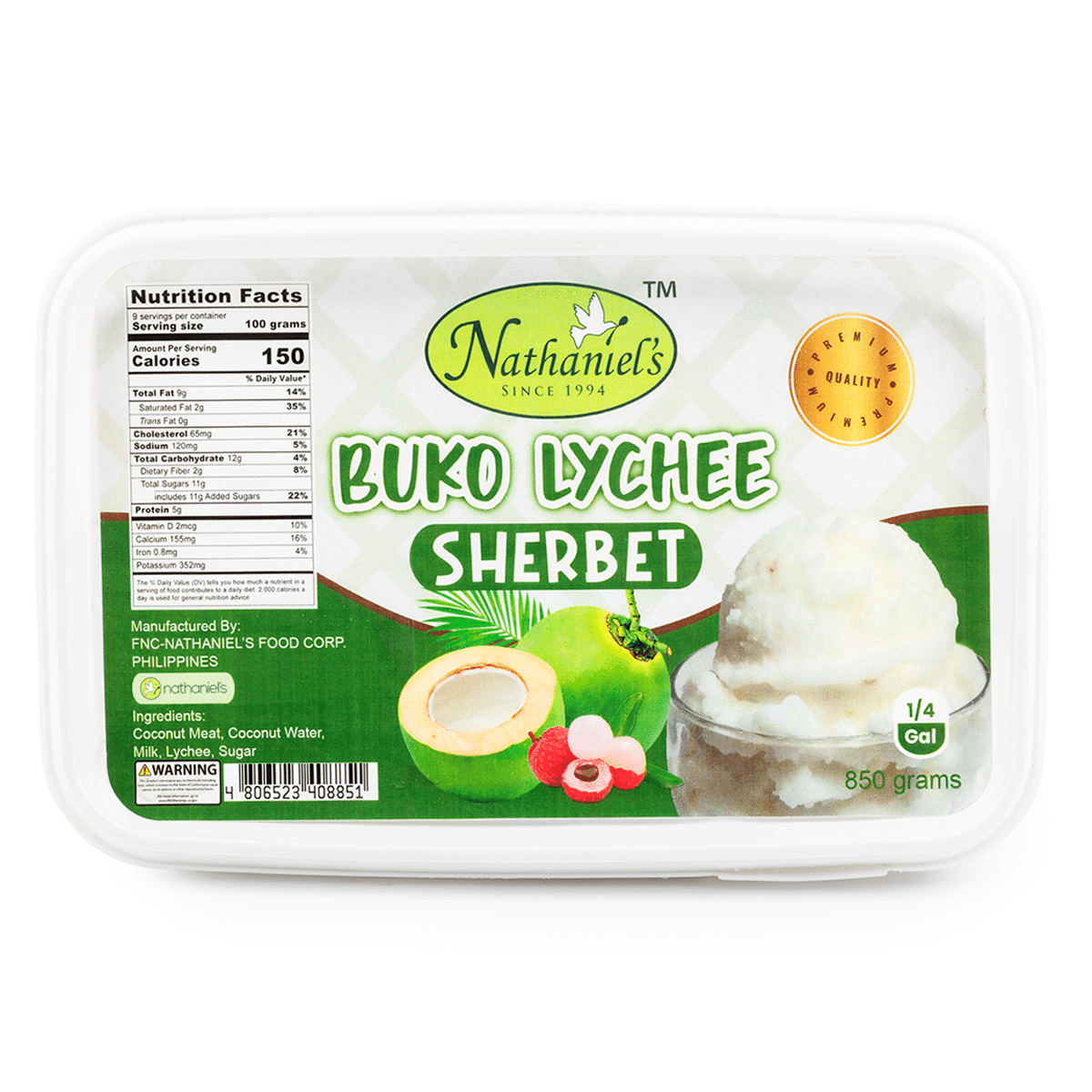 Nathaniel’s Buko Lychee Sherbet, Frozen 850 g