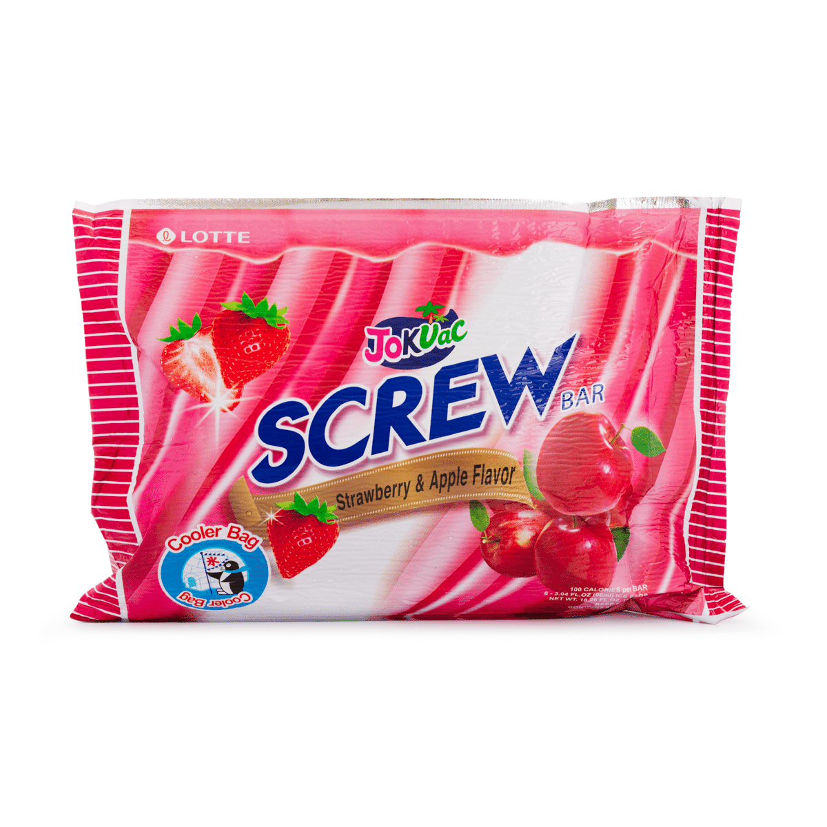 Lotte Screw Ice-Bar, Strawberry&Apple Flavor 6 bars, Frozen 90 g