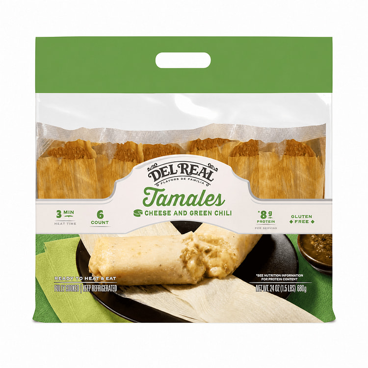 Del Real Foods, Cheese And Green Chile Tamales 6 count