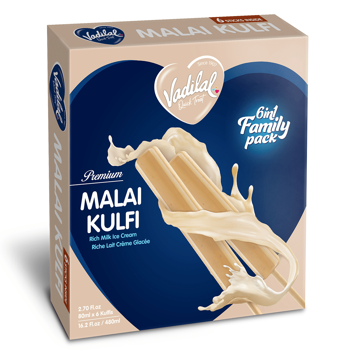 Vadilal Malai Kulfi 6X1 Family Pack, Frozen 480 g