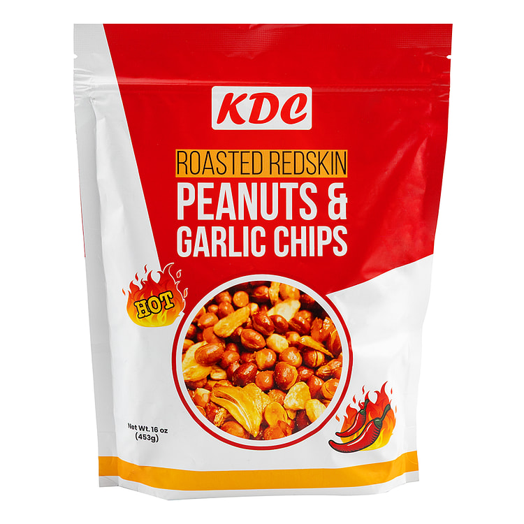 KDC Hot Roasted Redskin Peanuts & Garlic Chips 16 oz