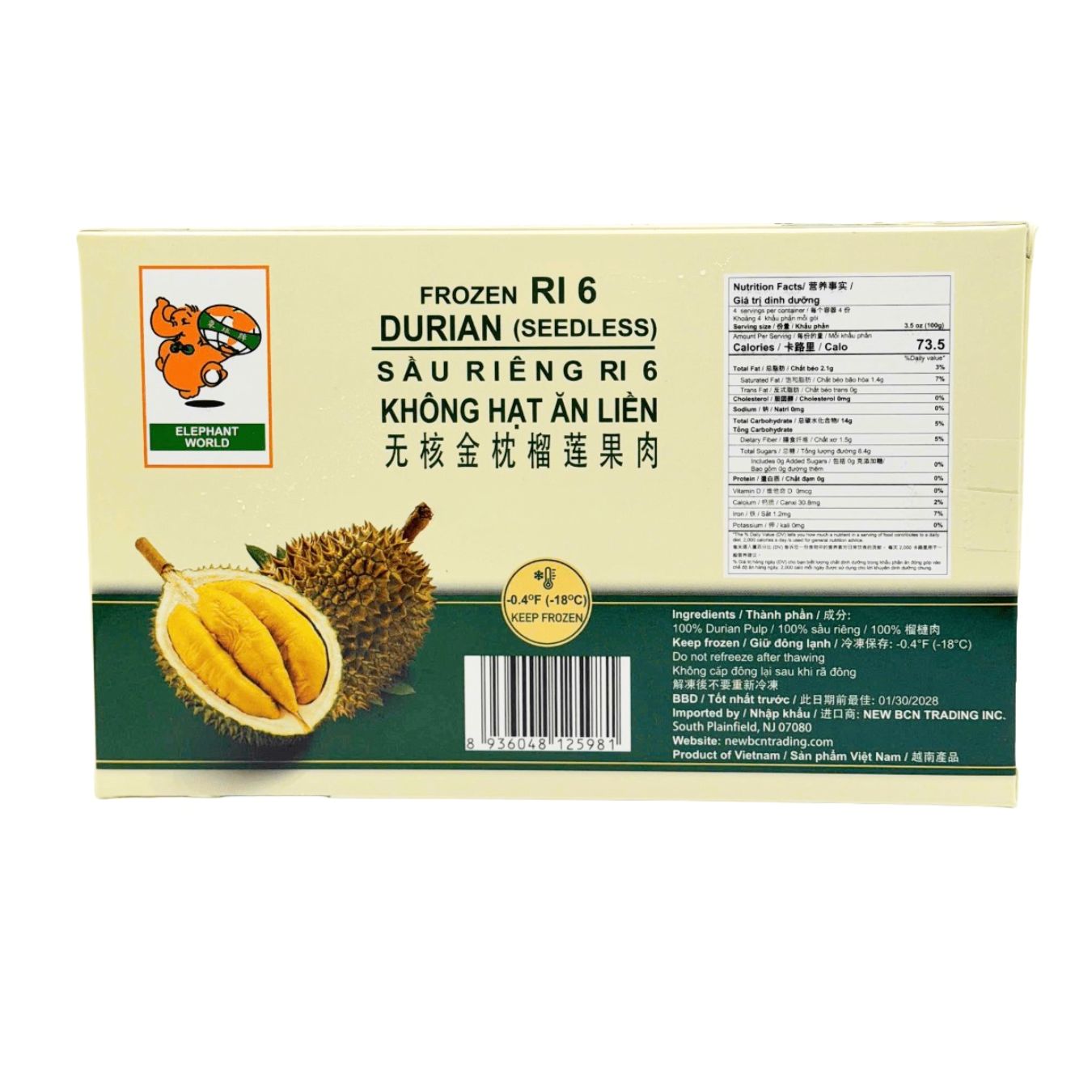 Sầu Riêng Ri 6 Không Hạt Ăn Liền Elephant World, Đông Lạnh 14 oz