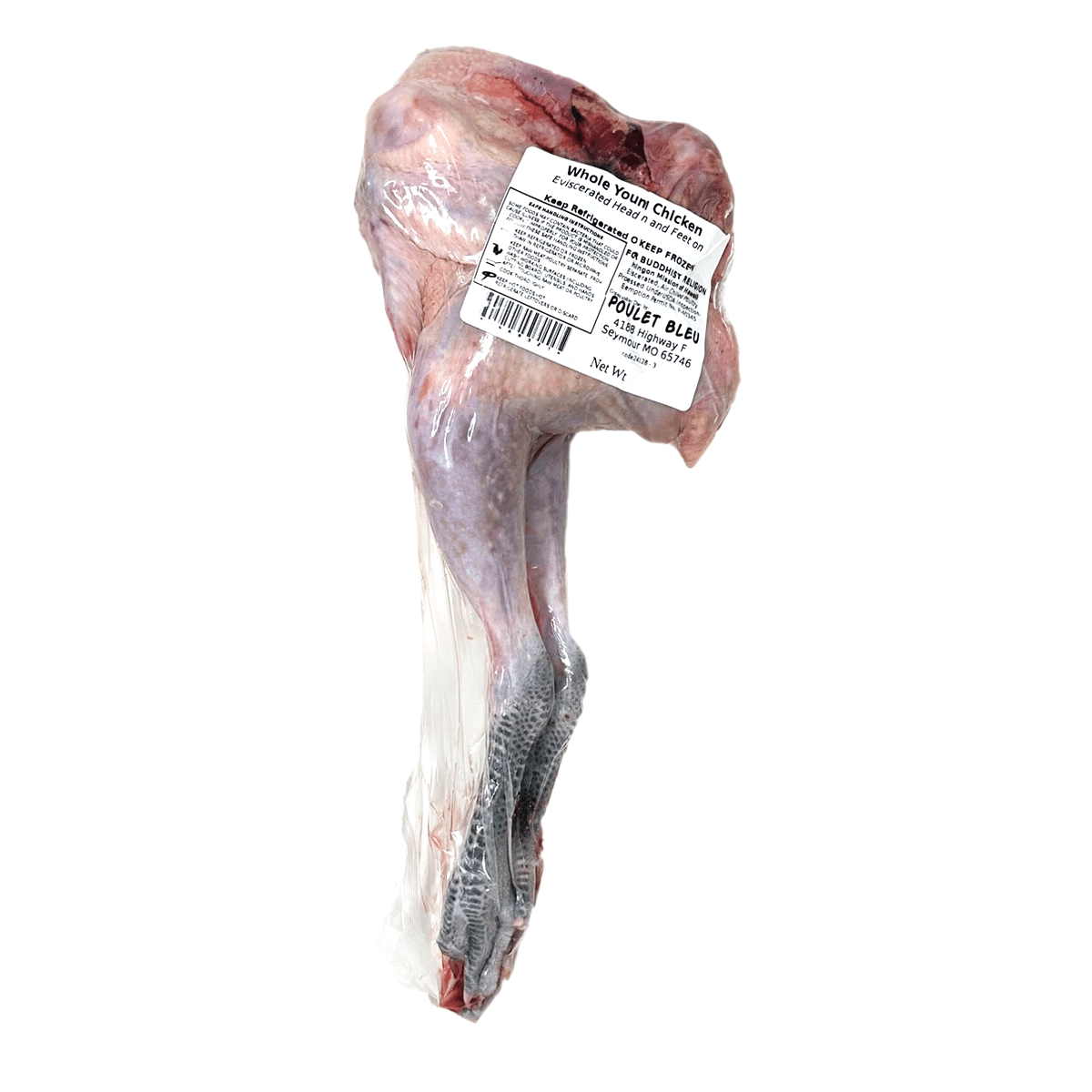 Blue Foot Whole Chicken, Head/Feet On, Frozen 2 lb