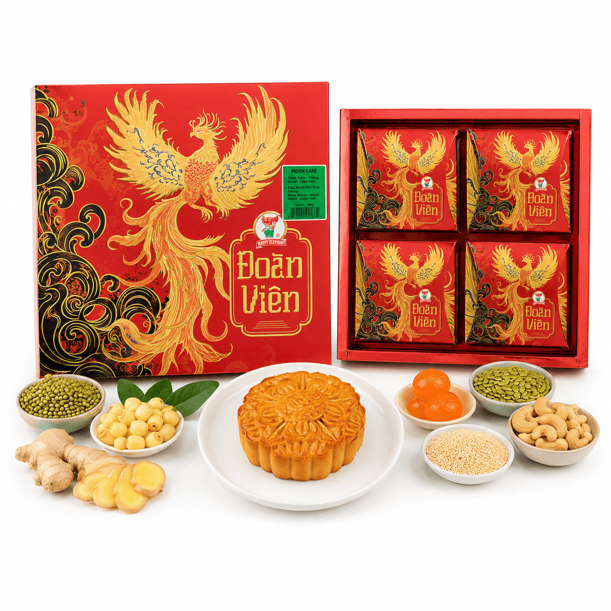 Happy Elephant Premium Moon Cake Mung Bean- Melon Seed (Yolk) 2pcs & Mixed (Yolk) 2pcs 480 g