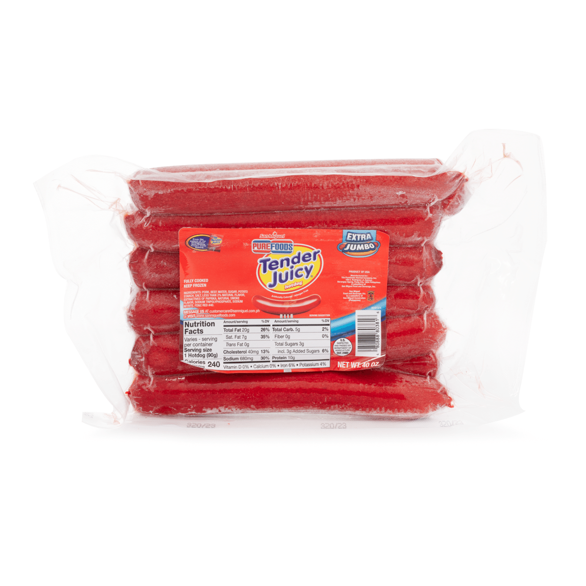 Purefoods Tender Juicy Hotdog Extra Jumbo, Frozen 40 oz
