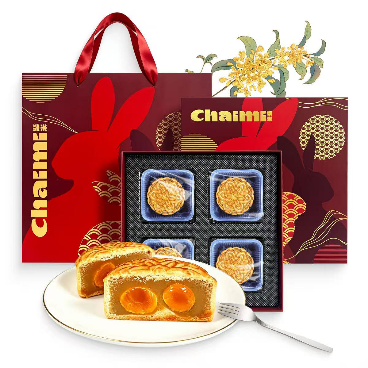 Chaimi Premium Double Egg Yolk White Lotus Seed Paste Mooncake gift box 4pcs 520 g