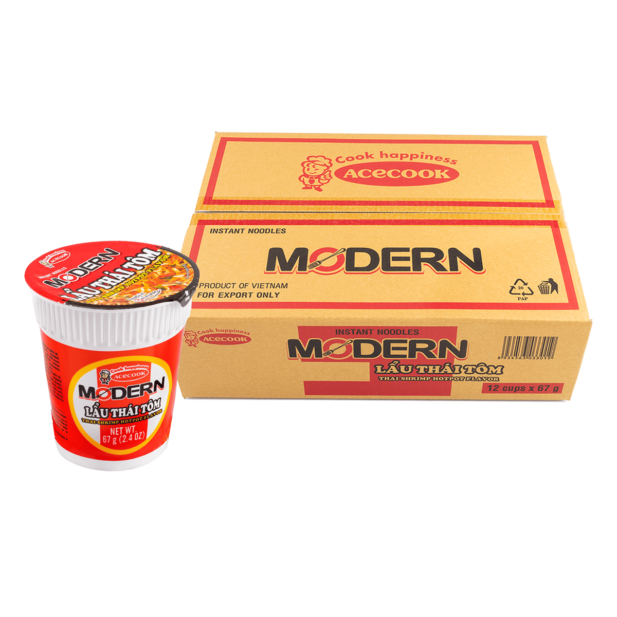 Acecook Modern Cup Noodles, Thai Shrimp Hot Pot Flavor (12 cups