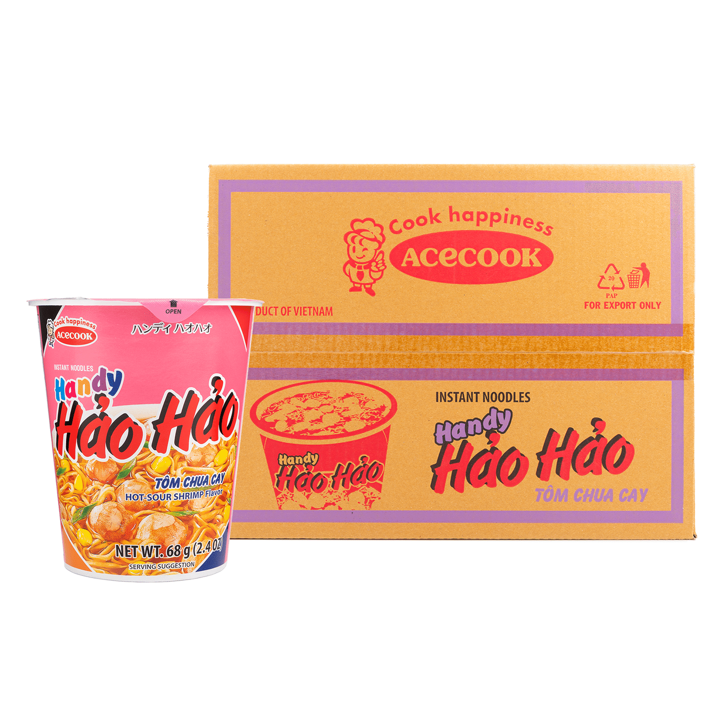 Acecook Handy Hao Hao Chillie and Lime Shrimp Cup Noodle 2.4 oz*12 counts
