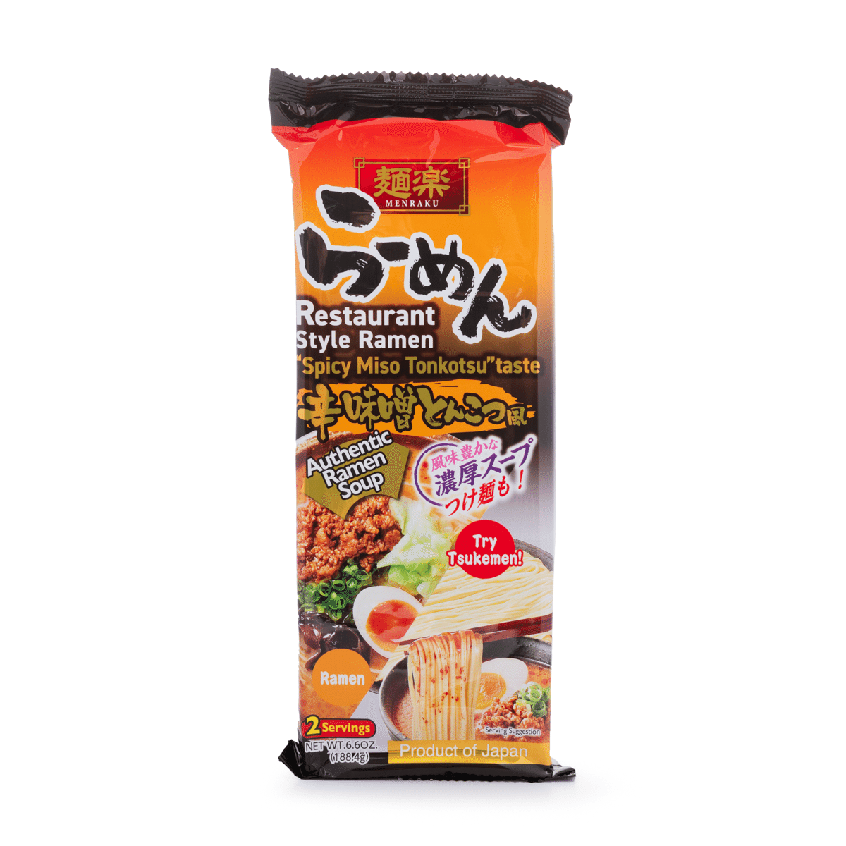 Menraku Restaurant Style Ramen Spicy Miso Tonkotsu Flavor 2 Meals 6.6 oz*12 pack