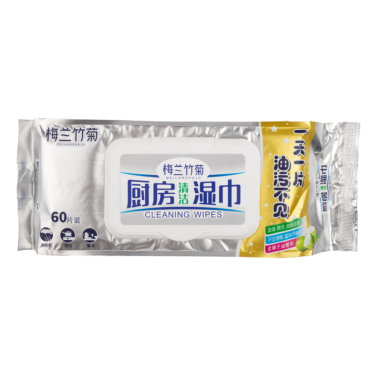 Mei Lan Zhu Ju Kitchen Cleaning Wet Wipes Double Grease & Dirt Removal, Alcohol-Free, Coconut Oil Infused, 60 Sheets 1 count