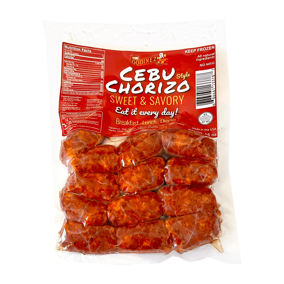 Godinez316 Cebu Style Chorizo (Sweet & Savory), Frozen 16 oz
