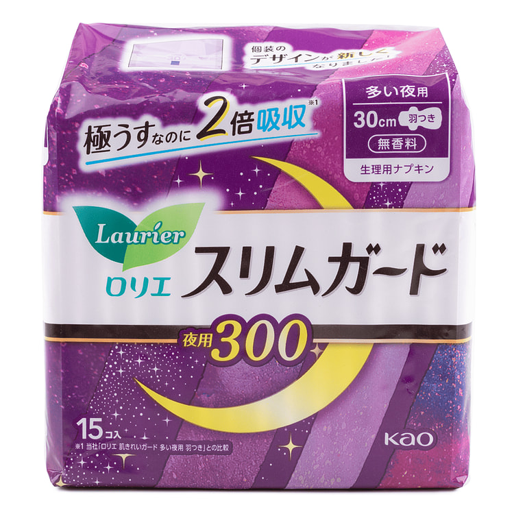 Kao Laurier Slim Guard Sanitary Pads with Wings Overnight 30cm 15pk 1 each