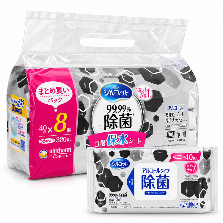 UNICHARM Silcot 99.99% Antibacterial Wet Wipes Refill (40 Sheets × 8 Packs)