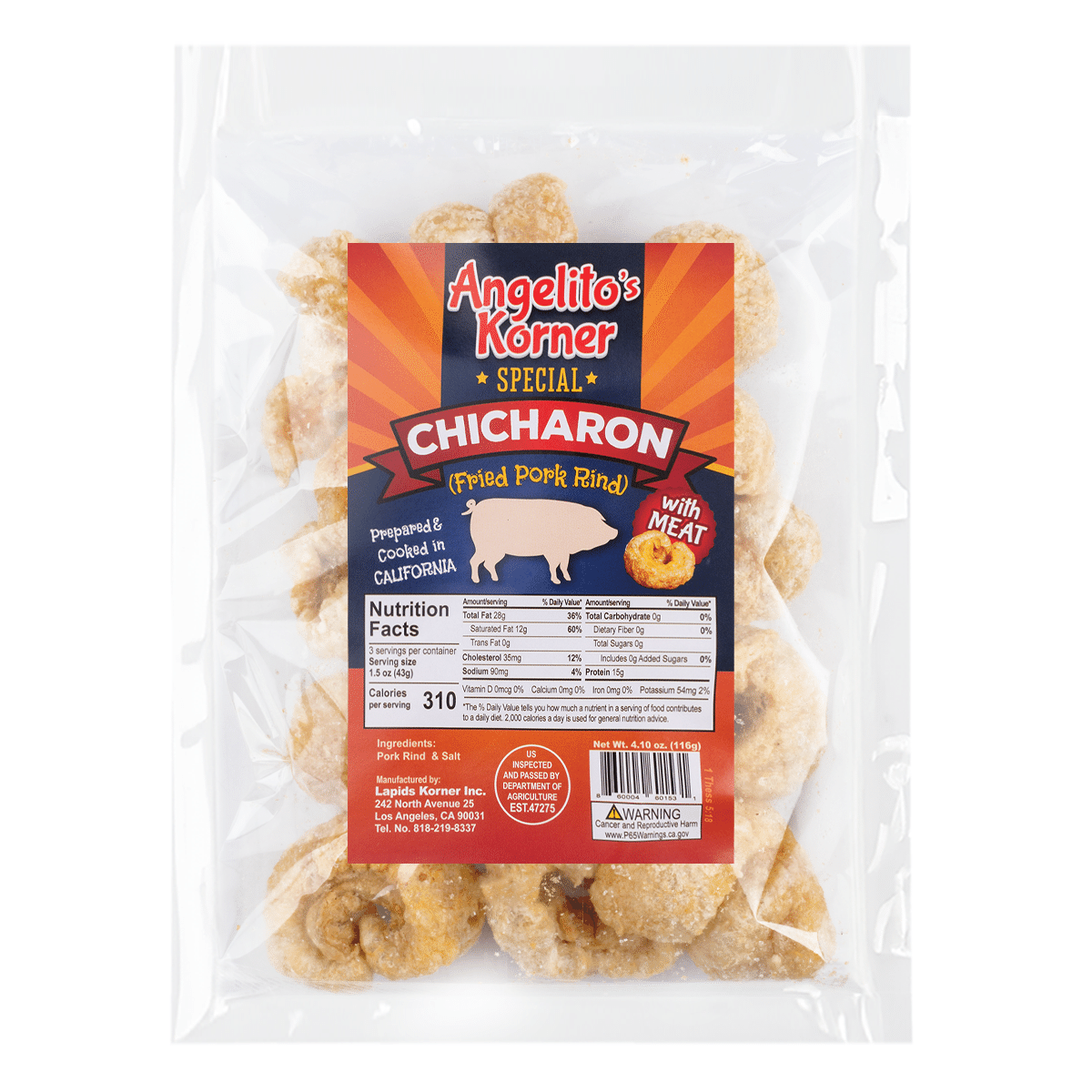 Angelito's Fried Pork Rind Special Chicharon with Laman 4.1 oz