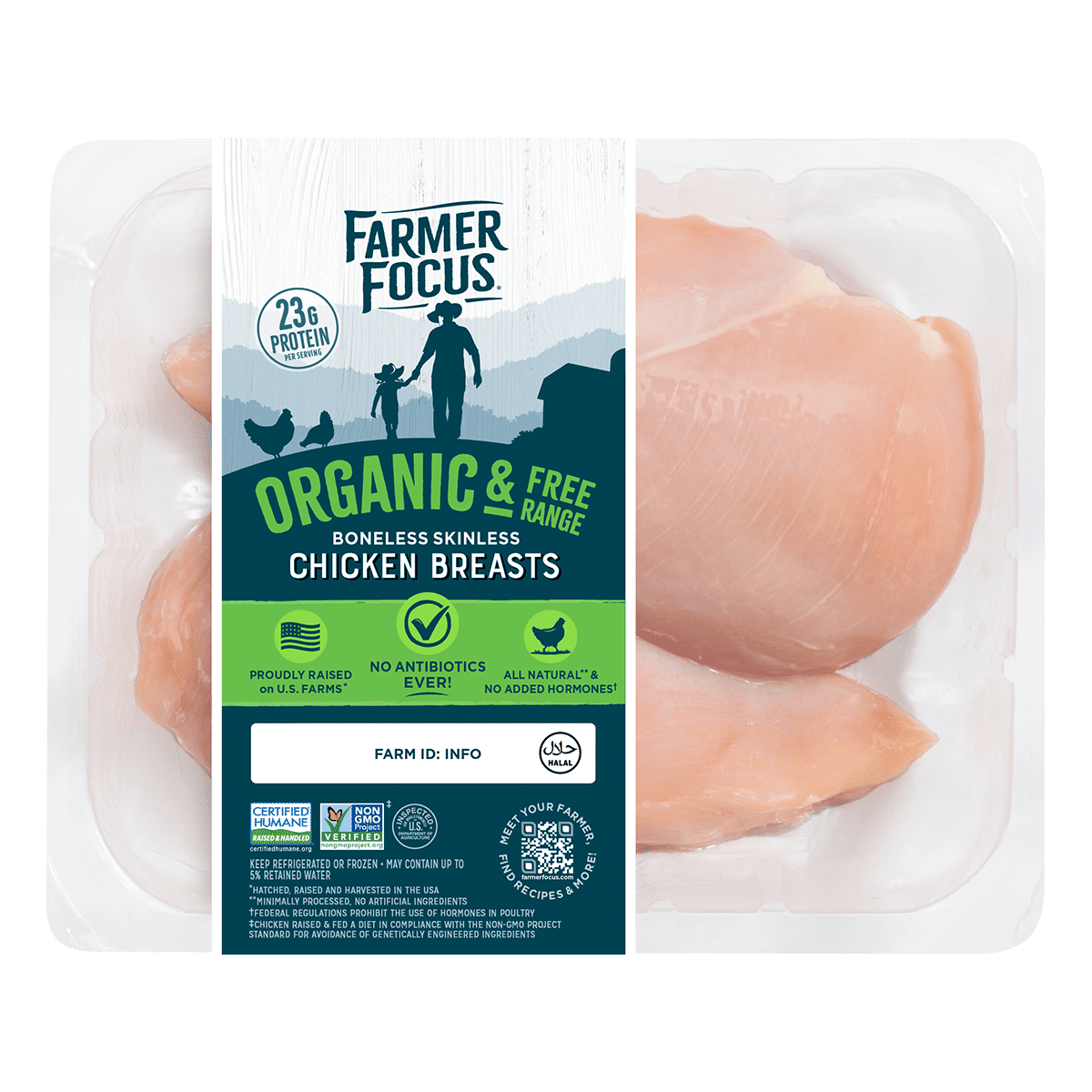 Farmer Focus 有机散养鸡胸肉, 清真, 冷冻 1.2-1.3 磅