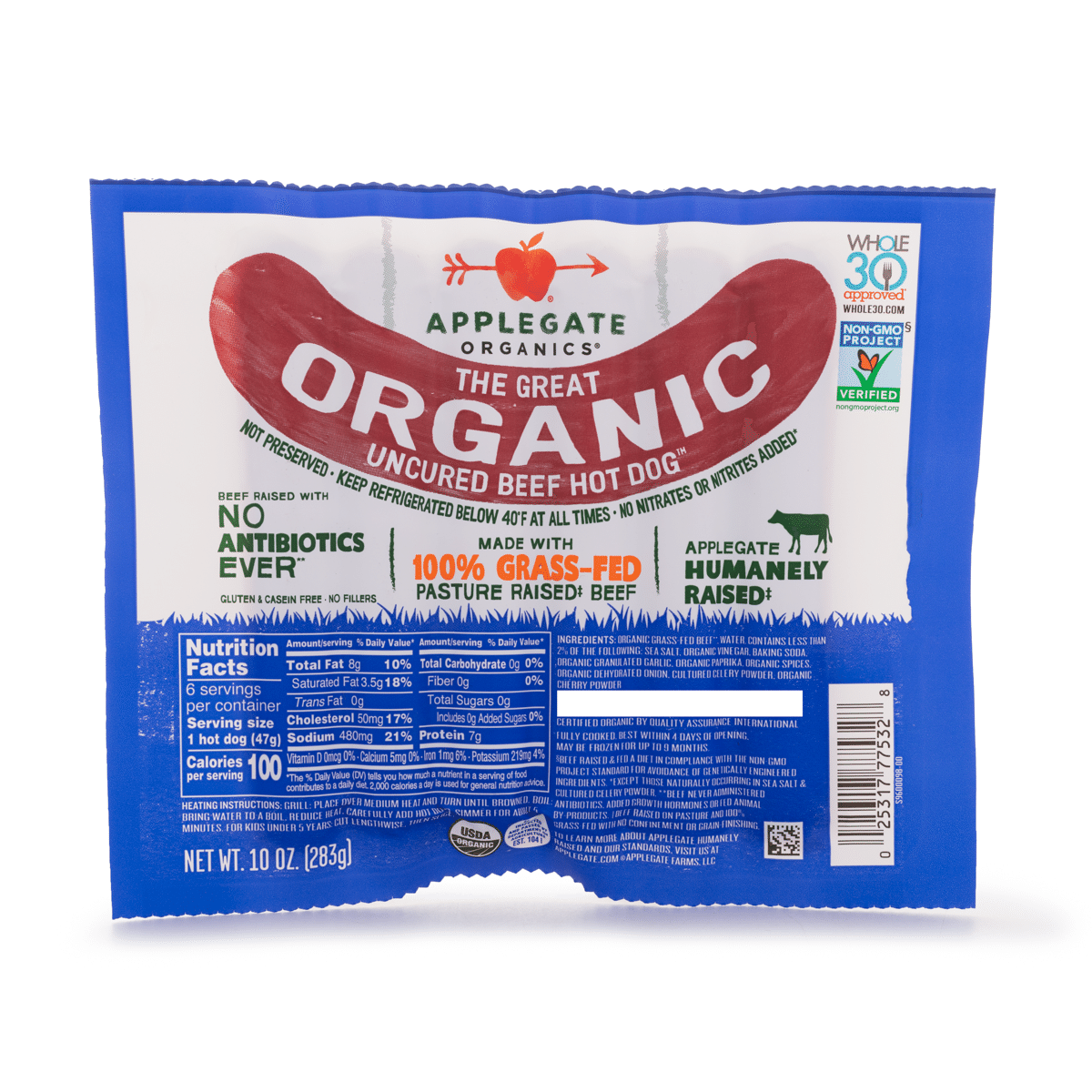 Applegate 草饲有机未腌制牛肉热狗肠 10 盎司