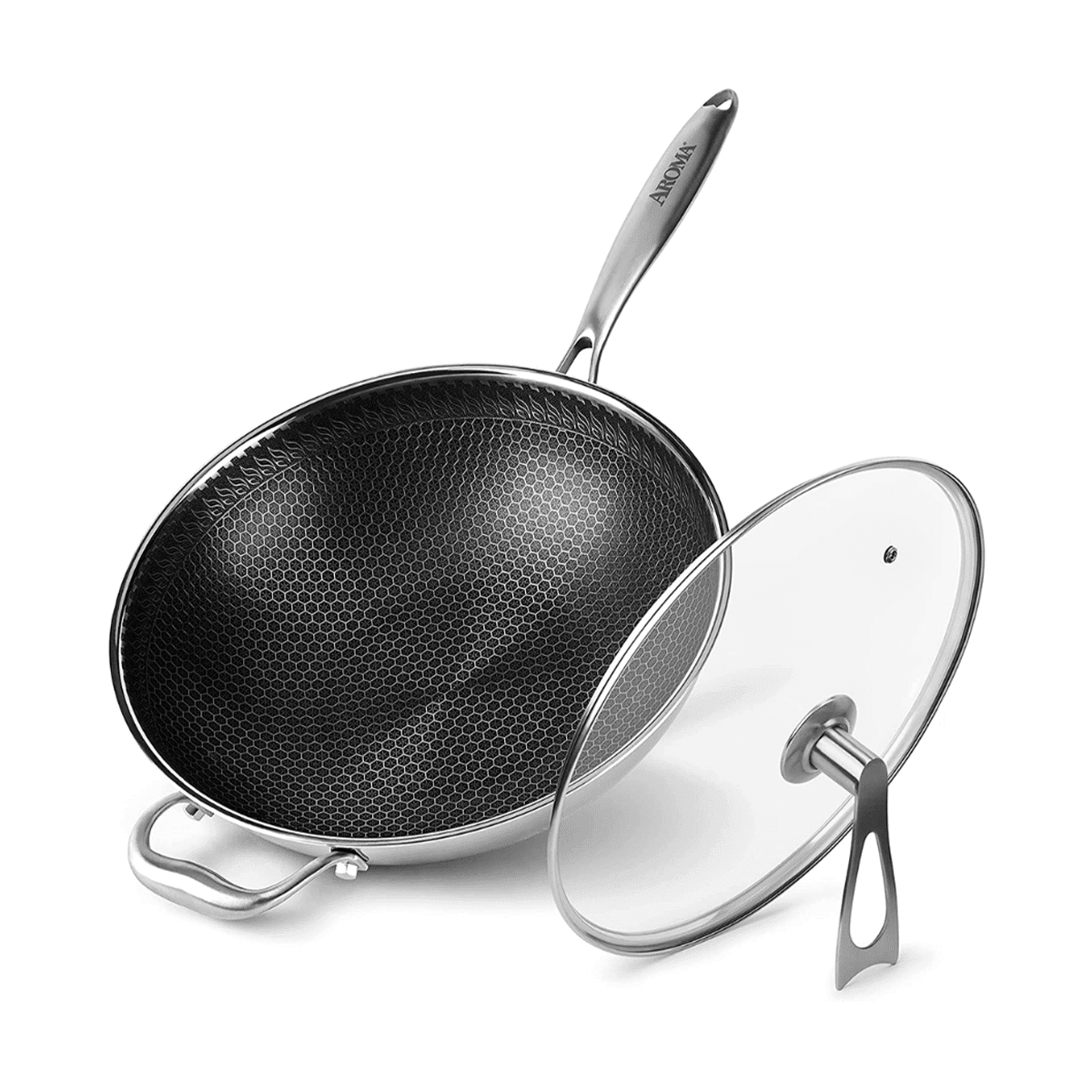 Panela Wok Antiaderente de Aço Inoxidável Aroma com Tampa Autoequilibrante e Tecnologia de Superfície em Favo de Mel 12.5 Polegadas ANW-107 1 count