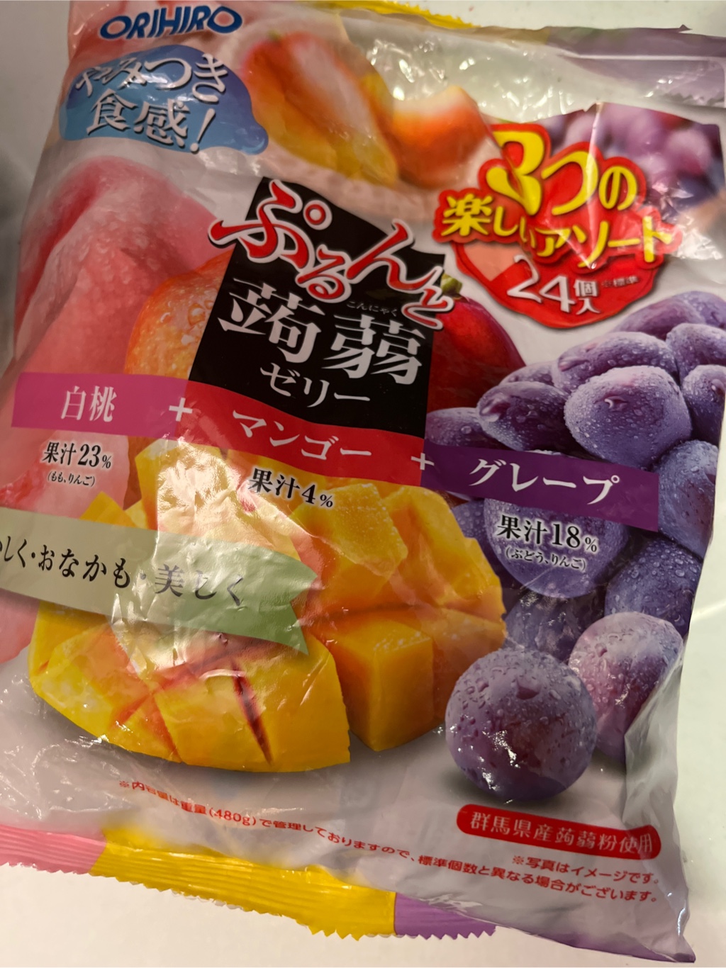 ORIHIRO 蒟蒻ゼリー ピーチ・マンゴー・グレープ味24枚入 480 グラム