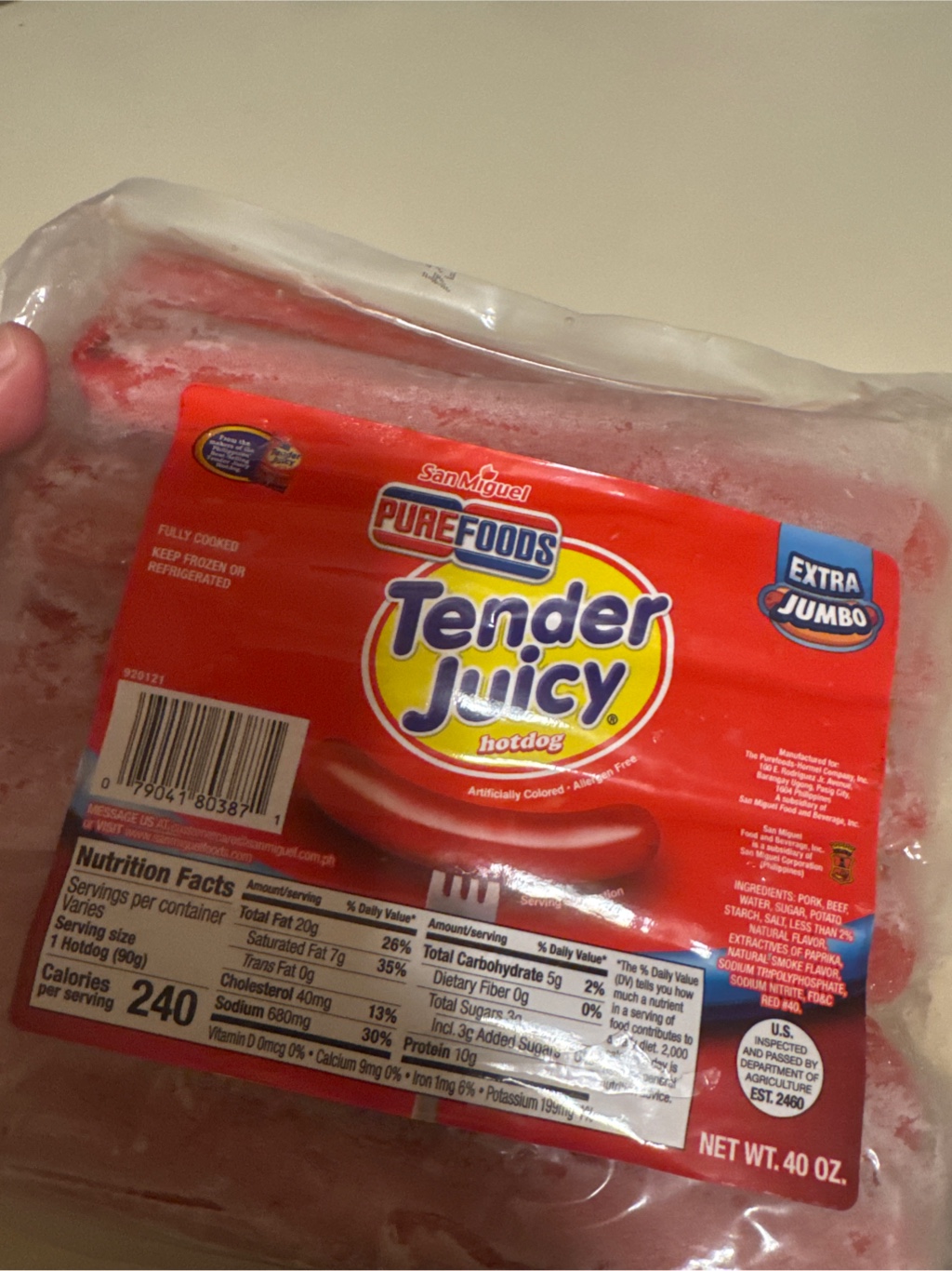 Get Purefoods Tender Juicy Hotdog Extra Jumbo, Frozen 40 oz