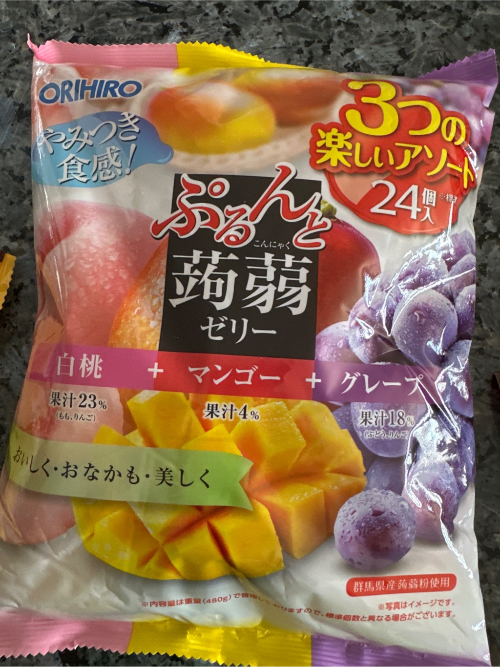 ORIHIRO 蒟蒻ゼリー ピーチ・マンゴー・グレープ味24枚入 480 グラム