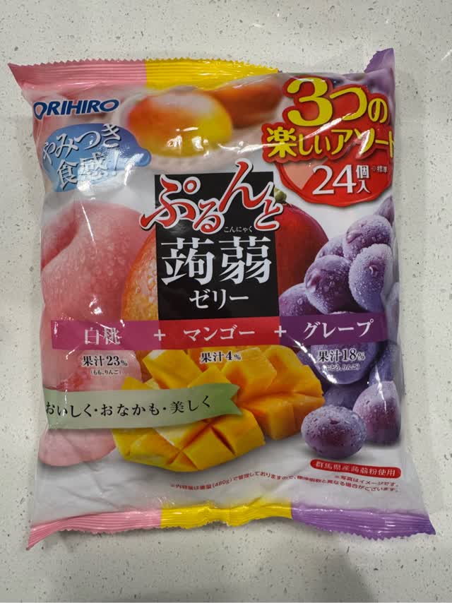 ORIHIRO 蒟蒻ゼリー ピーチ・マンゴー・グレープ味24枚入 480 グラム