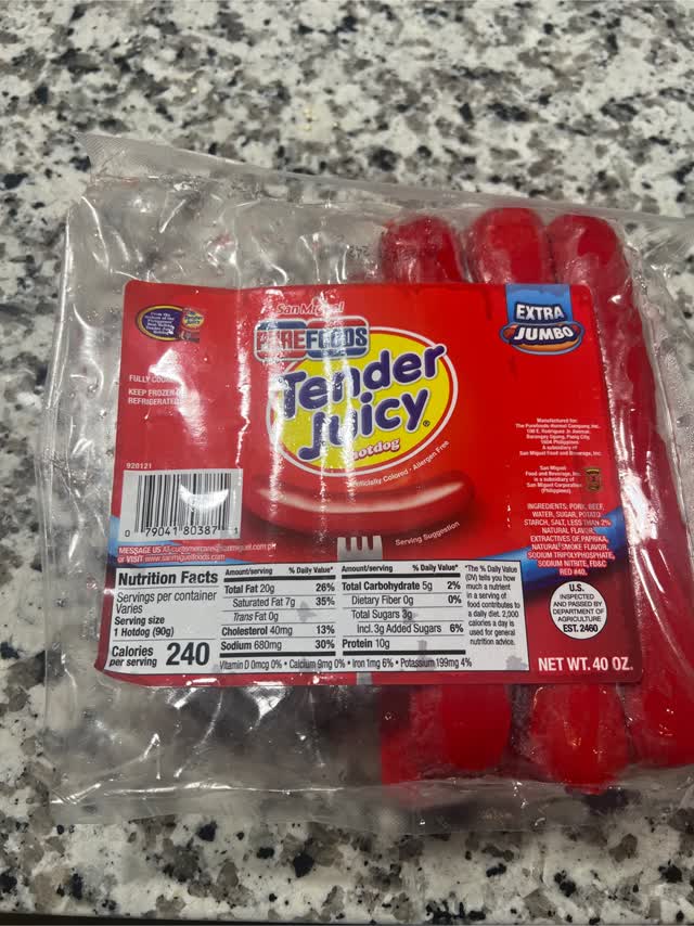 Get Purefoods Tender Juicy Hotdog Extra Jumbo, Frozen 40 oz